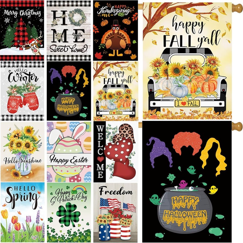Pating Seasonal Garden Flags Set of 12 Double Sided 28 x 40 Inch Yard Flags, Large House Flags for Outside, Fall Winter Halloween Christmas Outdoor Flags, Holiday Garden Flags for All Seasons - Image 1